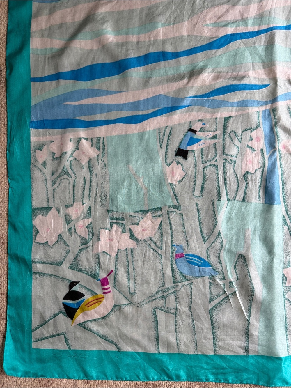 VTG Abstract Art Deco Avian Bird Flowy Silk Scarf Teal Waves Trees Square Retro - Picture 9 of 14